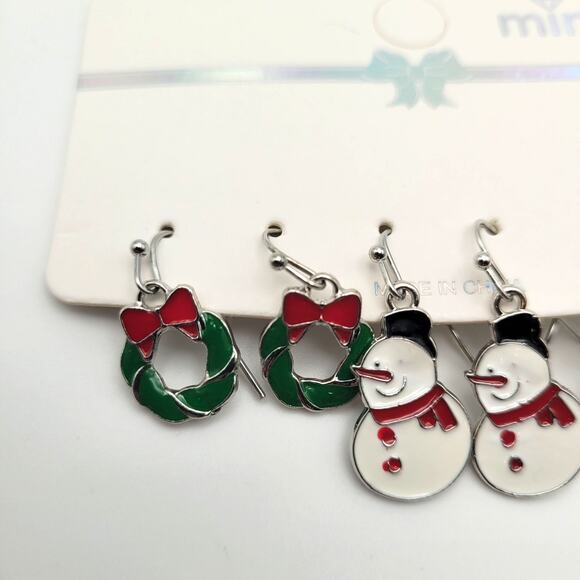 Holiday Christmas Fashion Earrings 3 Pair Tree Snowman Wreath Gift  Silver Tone - Picture 2 of 5